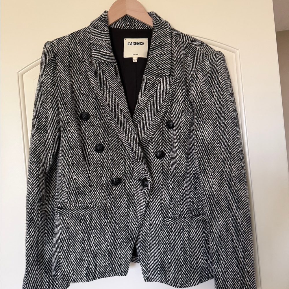 L'AGENCE Black & White Herringbone Double-Breasted Blazer